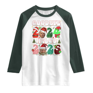 Funny Goodbye 2024 Hello 2025 With Trump Raglan Shirt TS09 White Dark Forest Green Print Your Wear