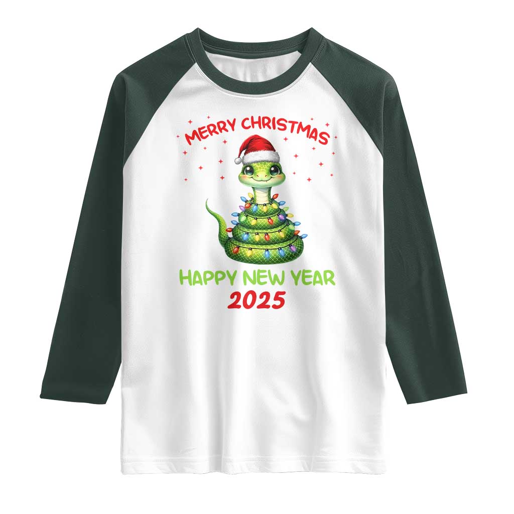Year Of The Snake 2025 Raglan Shirt Merry Christmas And Happy New Year Cute Snake TS09 White Dark Forest Green Print Your Wear