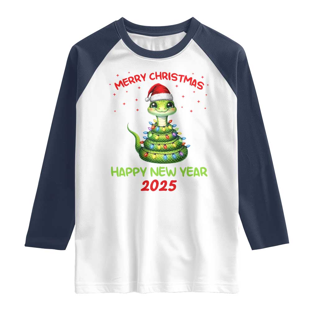 Year Of The Snake 2025 Raglan Shirt Merry Christmas And Happy New Year Cute Snake TS09 White Navy Print Your Wear