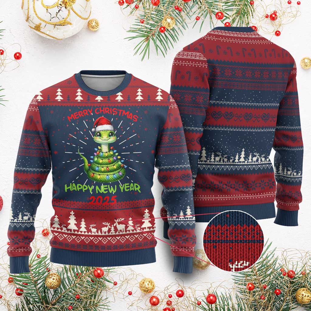 Year Of The Snake 2025 Ugly Christmas Sweater Merry Xmas And Happy New Year Cute Snake TS09 Burgundy Print Your Wear