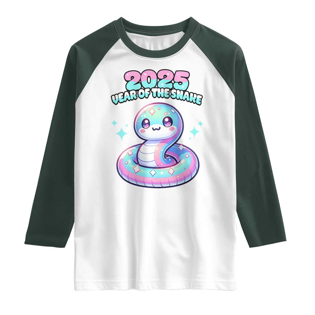 Year Of The Snake 2025 Raglan Shirt Cute Snake Happy New Year TS09 White Dark Forest Green Print Your Wear