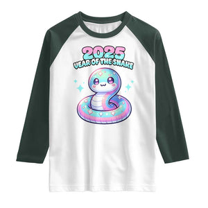 Year Of The Snake 2025 Raglan Shirt Cute Snake Happy New Year TS09 White Dark Forest Green Print Your Wear