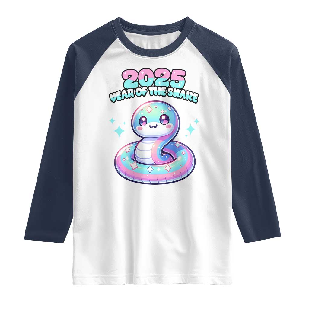 Year Of The Snake 2025 Raglan Shirt Cute Snake Happy New Year TS09 White Navy Print Your Wear