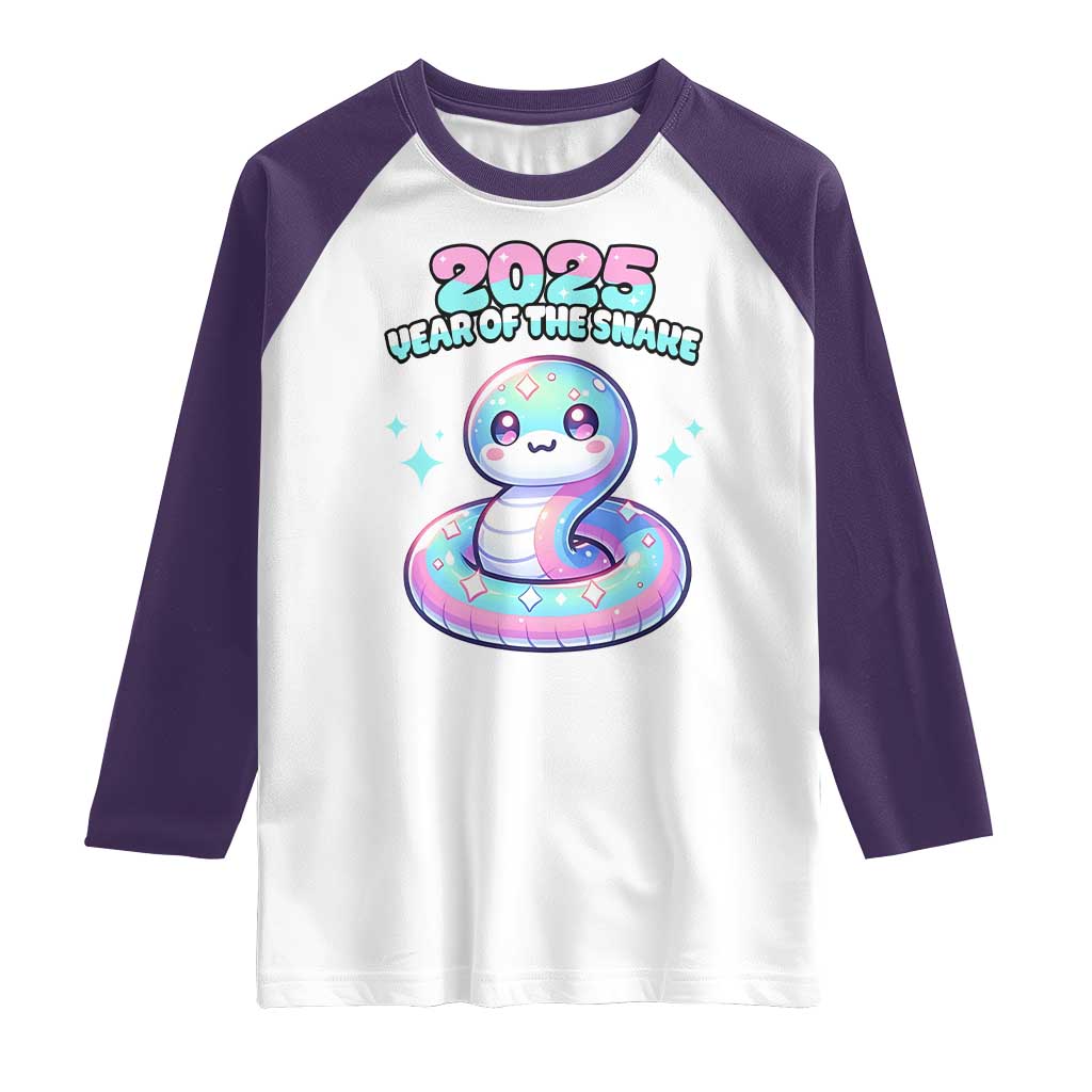 Year Of The Snake 2025 Raglan Shirt Cute Snake Happy New Year TS09 White Purple Print Your Wear