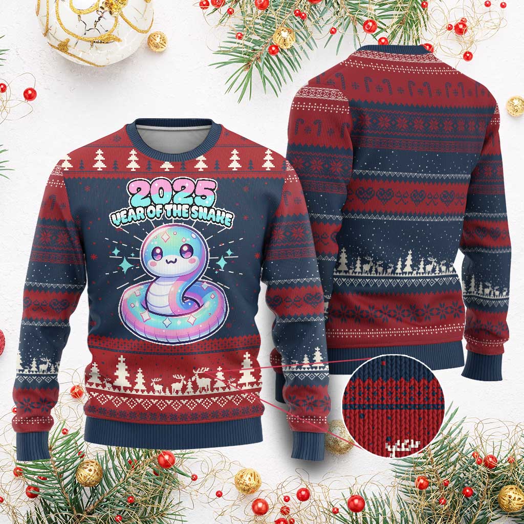 Year Of The Snake 2025 Ugly Christmas Sweater Cute Snake Happy New Year TS09 Burgundy Print Your Wear