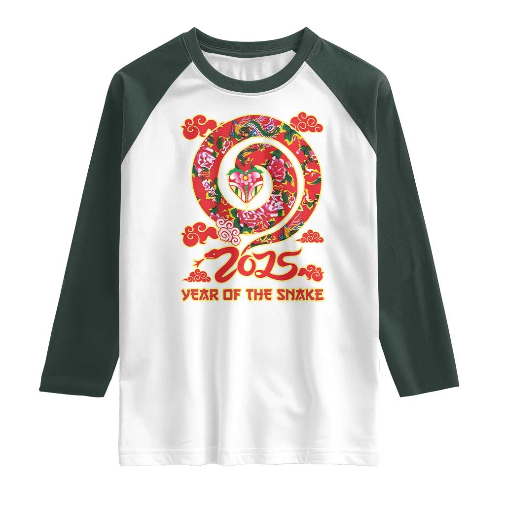 Lunar New Year 2025 Raglan Shirt Year Of The Snake China Traditional TS09 White Dark Forest Green Print Your Wear