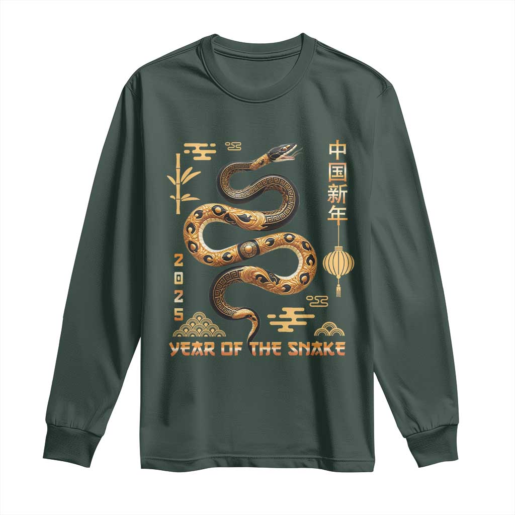 Lunar New Year 2025 Long Sleeve Shirt Year Of The Snake 2025 Chinese China TS09 Dark Forest Green Print Your Wear