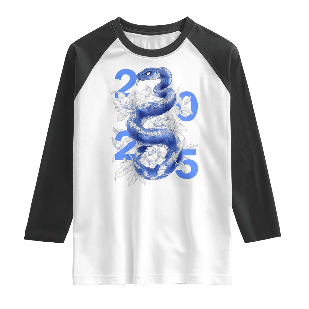 Year Of The Snake 2025 Raglan Shirt Chinese New Year Blue Snake TS09 White Black Print Your Wear