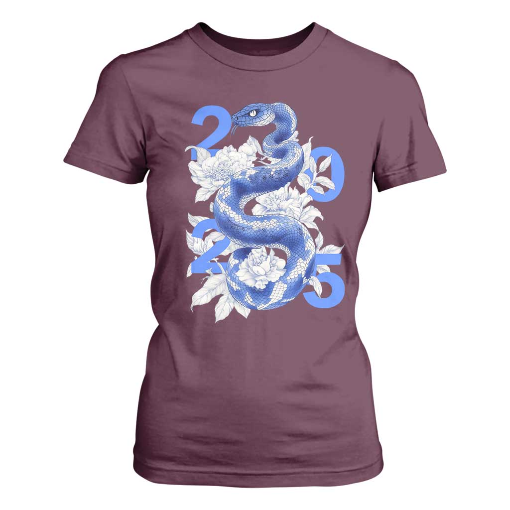 Year Of The Snake 2025 T Shirt For Women Chinese New Year Blue Snake TS09 Maroon Print Your Wear