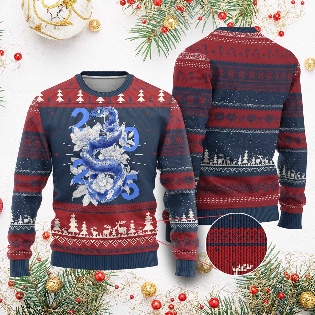 Year Of The Snake 2025 Ugly Christmas Sweater Chinese New Year Blue Snake TS09 Burgundy Print Your Wear