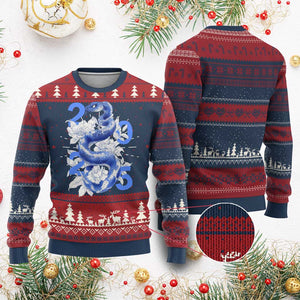 Year Of The Snake 2025 Ugly Christmas Sweater Chinese New Year Blue Snake TS09 Burgundy Print Your Wear