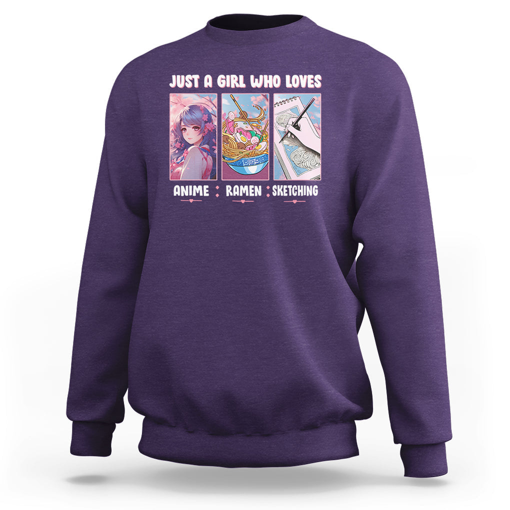 Just A Girl Who Loves Anime Ramen And Sketching Sweatshirt TS09 Purple Printyourwear