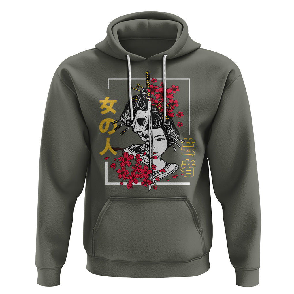 Japanese Samurai Hoodie Floral Warrior Geisha Woman Tokyo Anime TS09 Military Green Printyourwear
