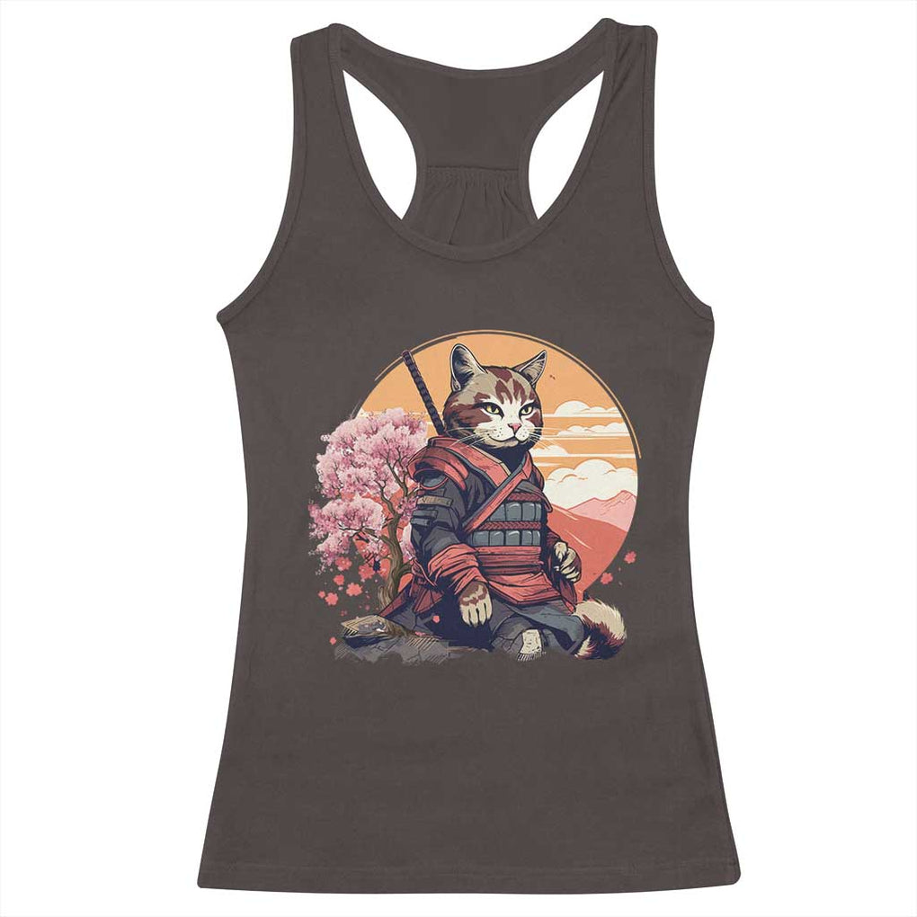 Japanese Samurai Cat Racerback Tank Top Floral Warrior Geisha Woman Tokyo Anime TS09 Dark Chocolate Print Your Wear