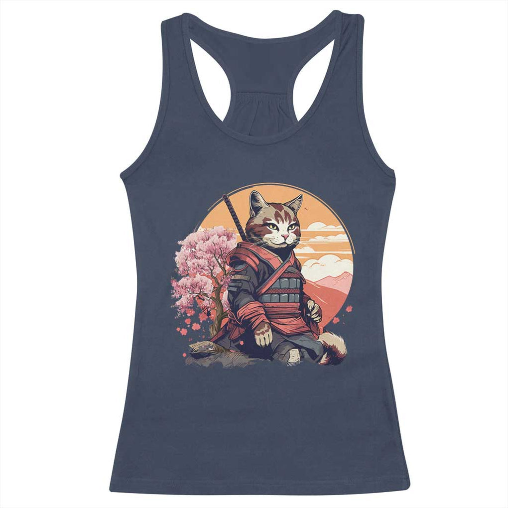 Japanese Samurai Cat Racerback Tank Top Floral Warrior Geisha Woman Tokyo Anime TS09 Navy Print Your Wear