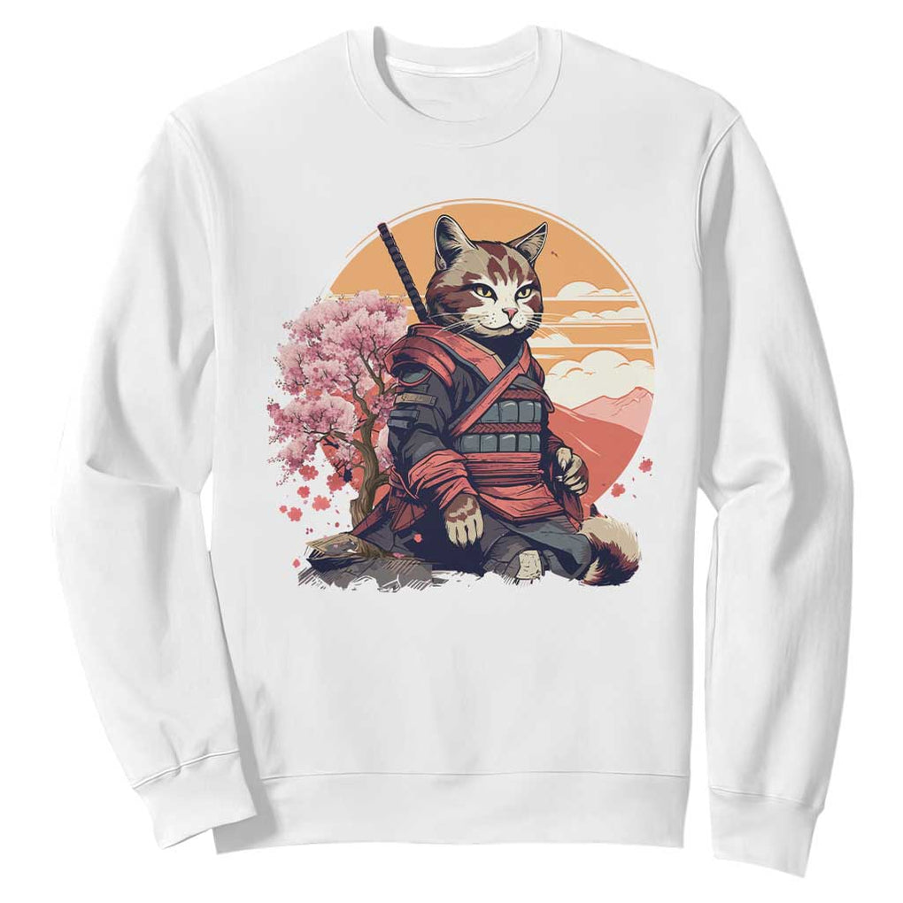 Japanese Samurai Cat Sweatshirt Floral Warrior Geisha Woman Tokyo Anime TS09 White Print Your Wear