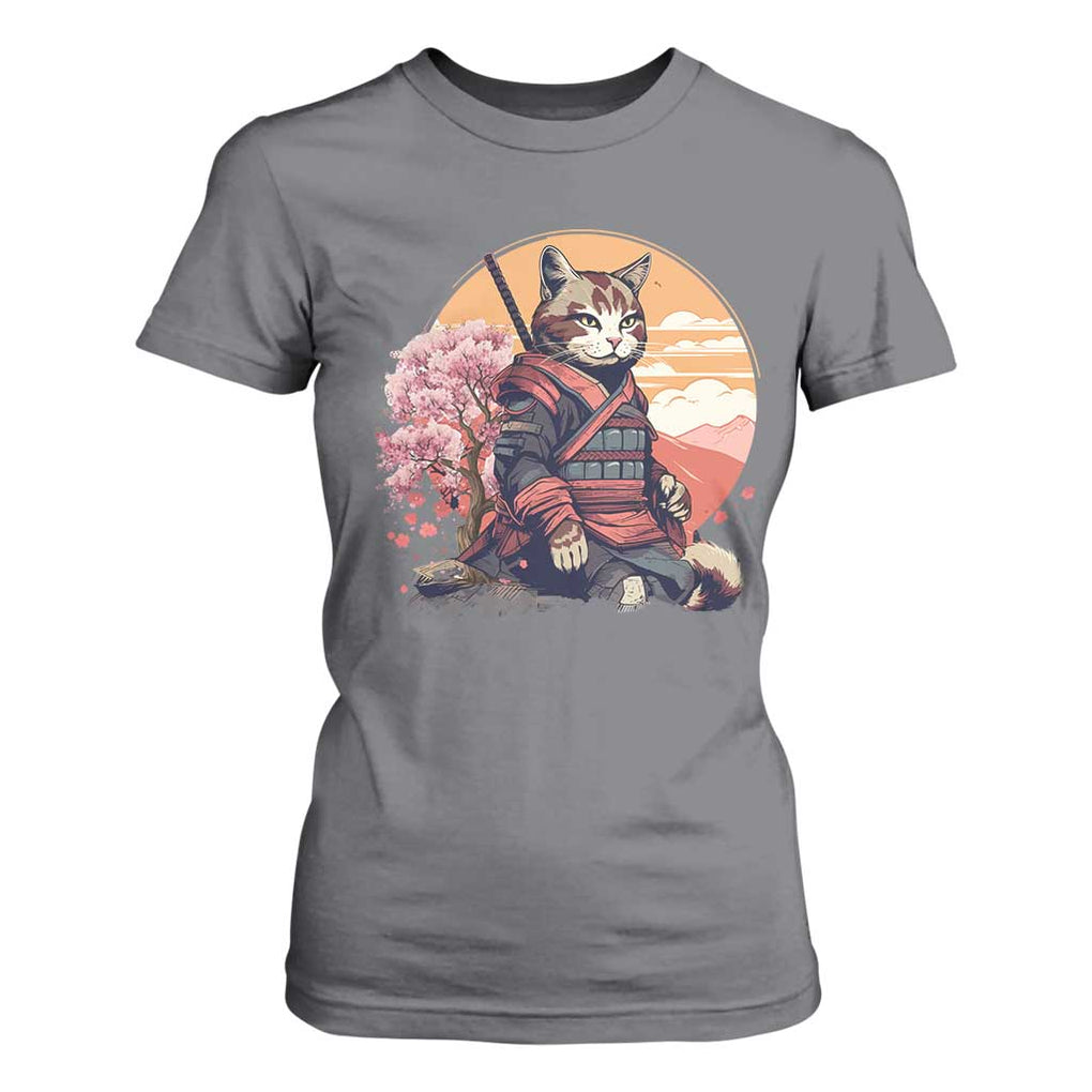 Japanese Samurai Cat T Shirt For Women Floral Warrior Geisha Woman Tokyo Anime TS09 Charcoal Print Your Wear