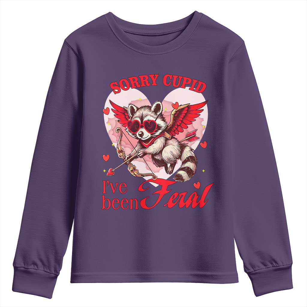 Funny Valentine's Day Youth Sweatshirt Sorry Cupid I've Been Feral Raccoon TS09 Purple Print Your Wear
