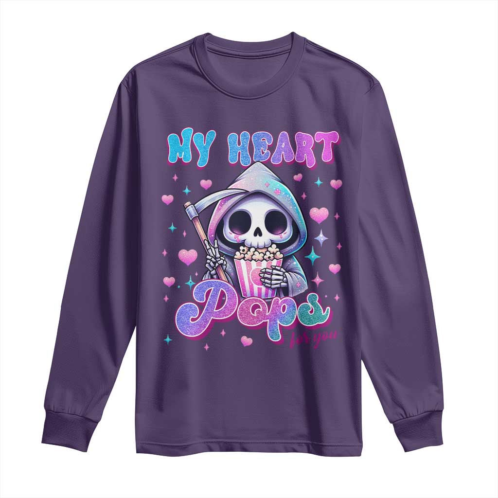 Funny Valentine's Day Long Sleeve Shirt My Heart Pops For You Cute Death Grim Popcorn TS09 Purple Print Your Wear