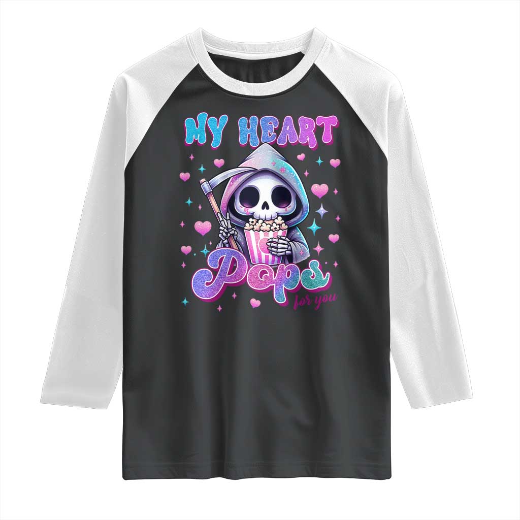 Funny Valentine's Day Raglan Shirt My Heart Pops For You Cute Death Grim Popcorn TS09 Black White Print Your Wear