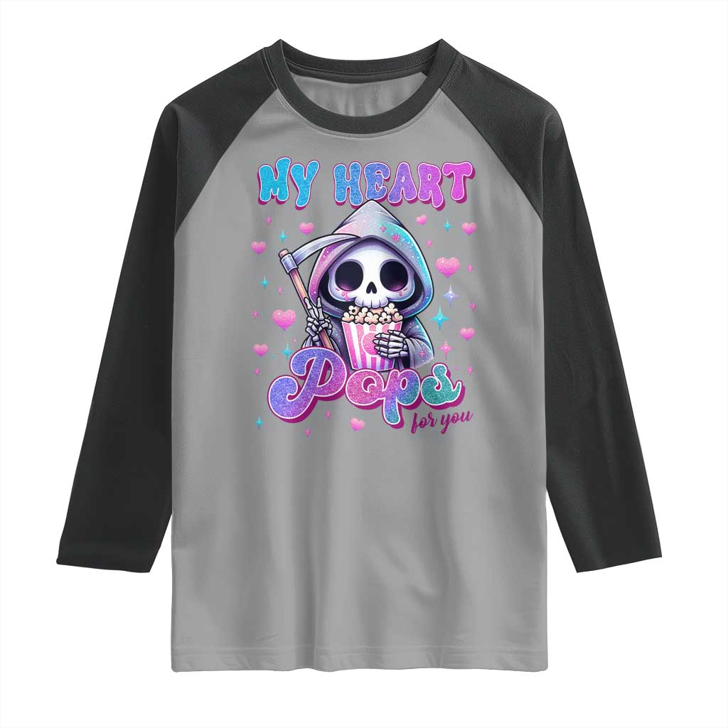 Funny Valentine's Day Raglan Shirt My Heart Pops For You Cute Death Grim Popcorn TS09 Sport Gray Black Print Your Wear