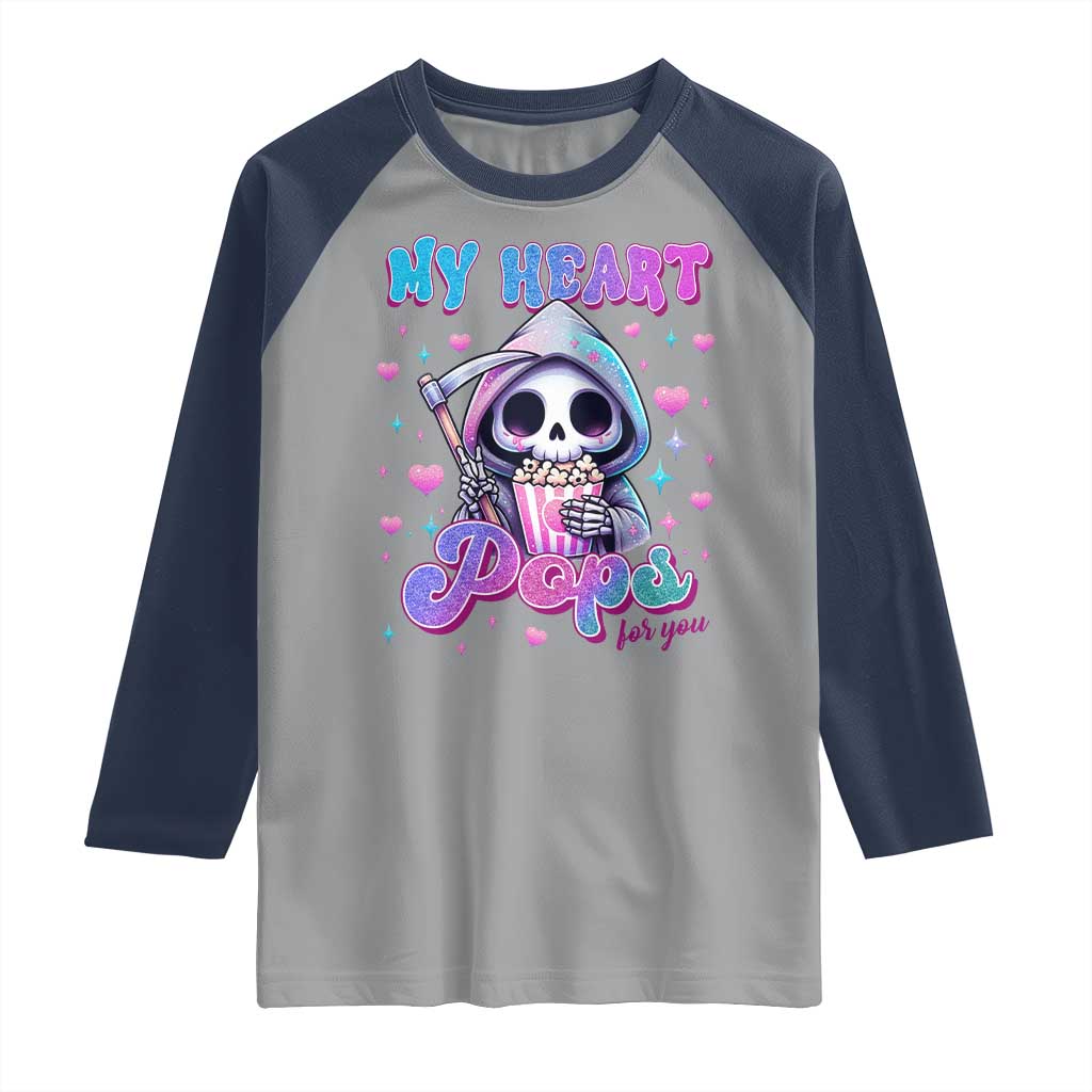 Funny Valentine's Day Raglan Shirt My Heart Pops For You Cute Death Grim Popcorn TS09 Sport Gray Navy Print Your Wear