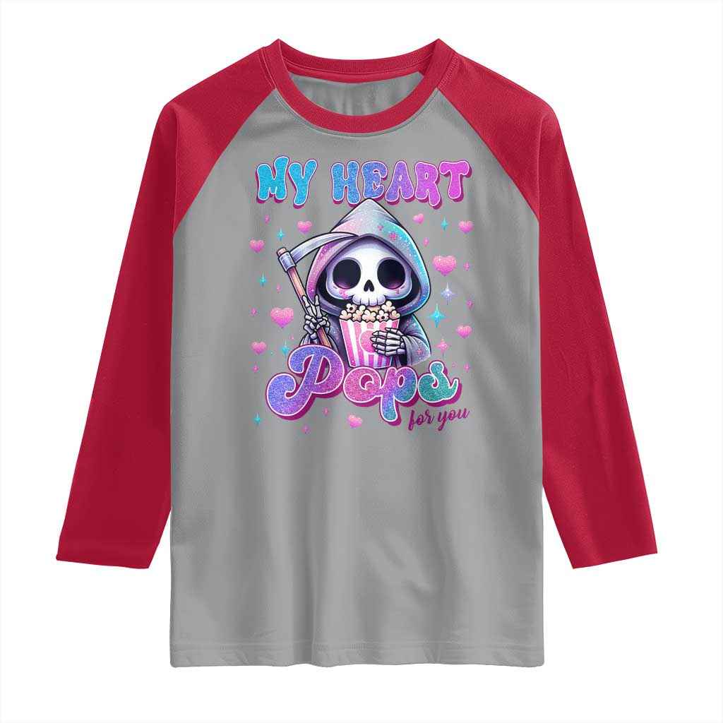 Funny Valentine's Day Raglan Shirt My Heart Pops For You Cute Death Grim Popcorn TS09 Sport Gray Red Print Your Wear
