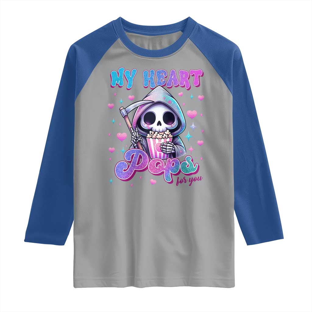Funny Valentine's Day Raglan Shirt My Heart Pops For You Cute Death Grim Popcorn TS09 Sport Gray Royal Print Your Wear