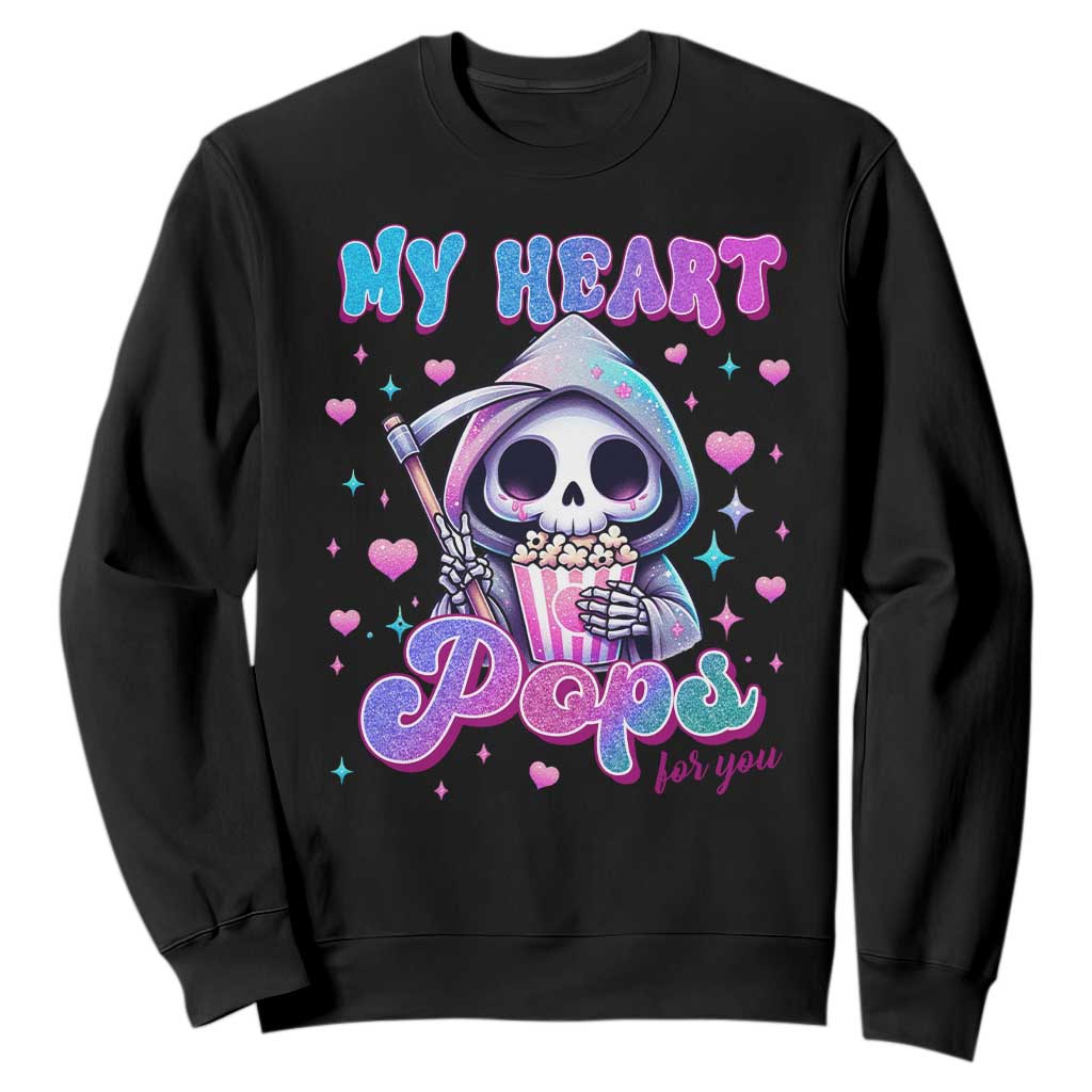 Funny Valentine's Day Sweatshirt My Heart Pops For You Cute Death Grim Popcorn TS09 Black Print Your Wear