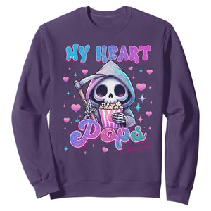 Funny Valentine's Day Sweatshirt My Heart Pops For You Cute Death Grim Popcorn TS09 Purple Print Your Wear