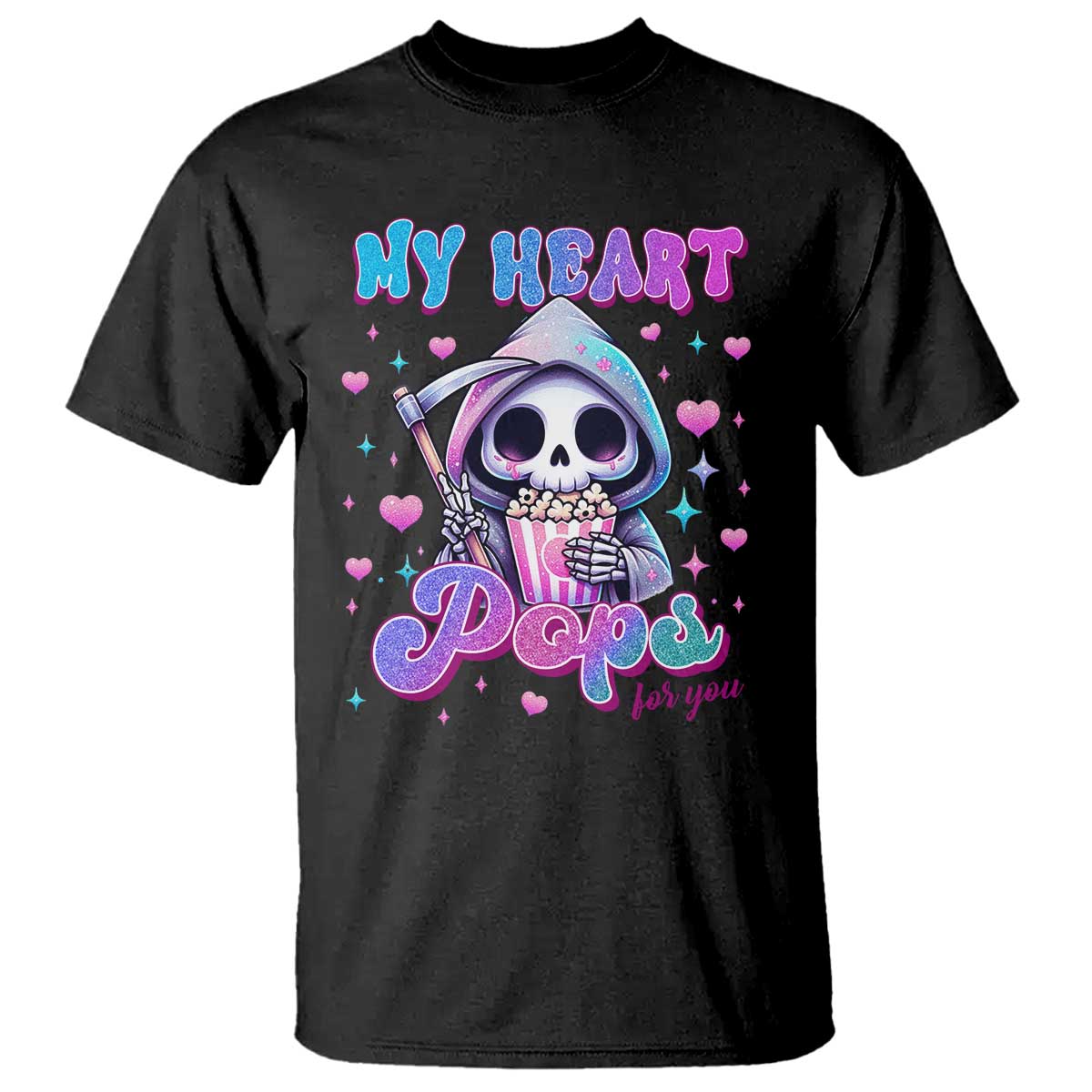 Funny Valentine's Day T Shirt My Heart Pops For You Cute Death Grim Popcorn TS09 Black Print Your Wear