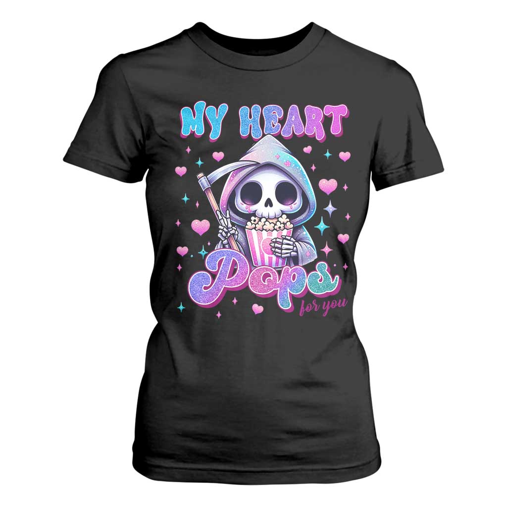 Funny Valentine's Day T Shirt For Women My Heart Pops For You Cute Death Grim Popcorn TS09 Black Print Your Wear