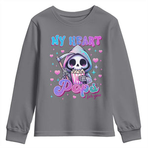 Funny Valentine's Day Youth Sweatshirt My Heart Pops For You Cute Death Grim Popcorn TS09 Charcoal Print Your Wear
