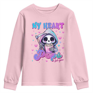 Funny Valentine's Day Youth Sweatshirt My Heart Pops For You Cute Death Grim Popcorn TS09 Light Pink Print Your Wear