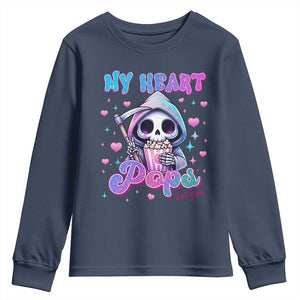 Funny Valentine's Day Youth Sweatshirt My Heart Pops For You Cute Death Grim Popcorn TS09 Navy Print Your Wear