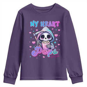 Funny Valentine's Day Youth Sweatshirt My Heart Pops For You Cute Death Grim Popcorn TS09 Purple Print Your Wear