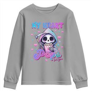 Funny Valentine's Day Youth Sweatshirt My Heart Pops For You Cute Death Grim Popcorn TS09 Sport Gray Print Your Wear