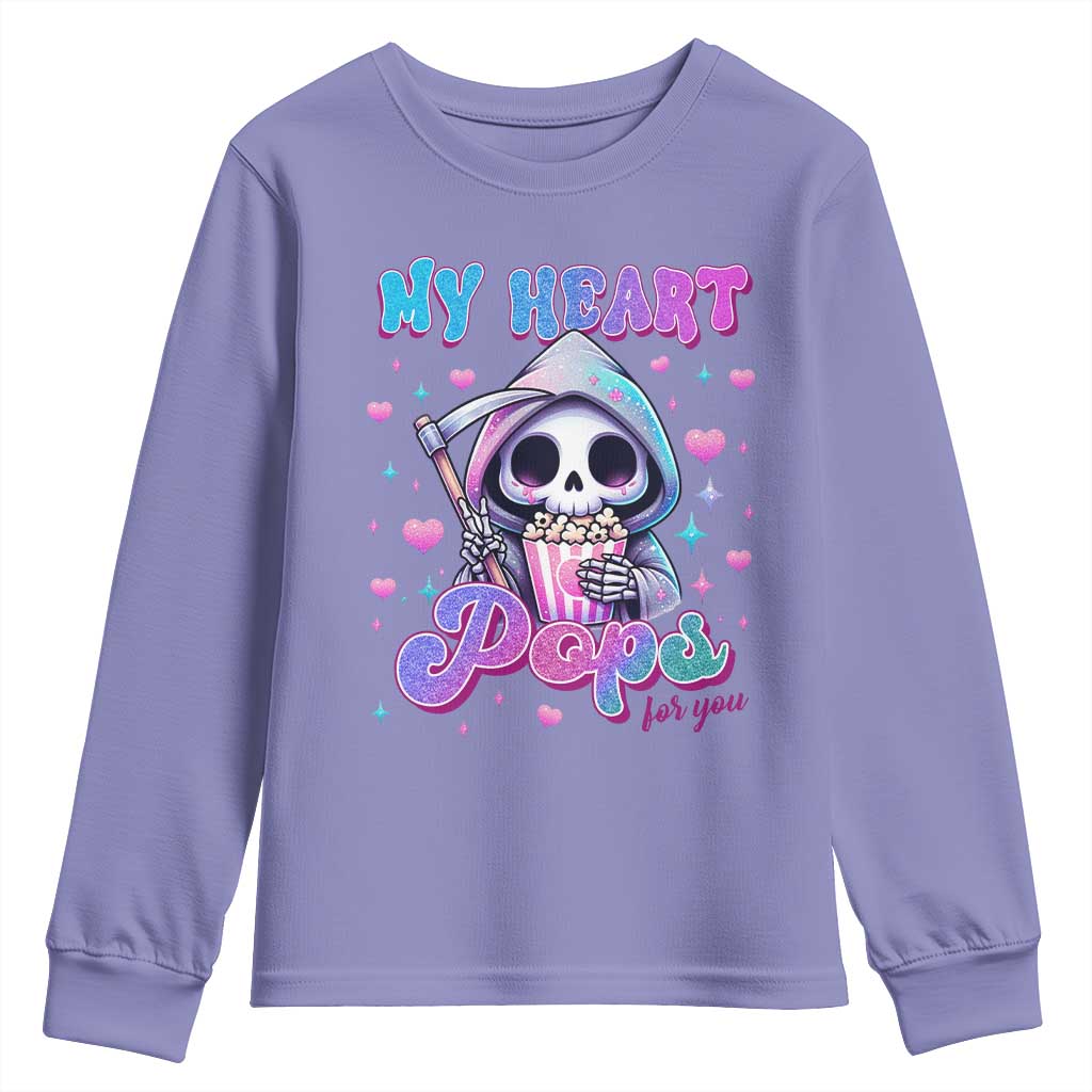 Funny Valentine's Day Youth Sweatshirt My Heart Pops For You Cute Death Grim Popcorn TS09 Violet Print Your Wear