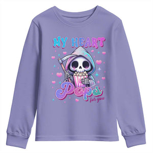 Funny Valentine's Day Youth Sweatshirt My Heart Pops For You Cute Death Grim Popcorn TS09 Violet Print Your Wear