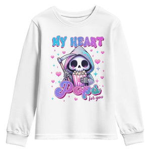 Funny Valentine's Day Youth Sweatshirt My Heart Pops For You Cute Death Grim Popcorn TS09 White Print Your Wear