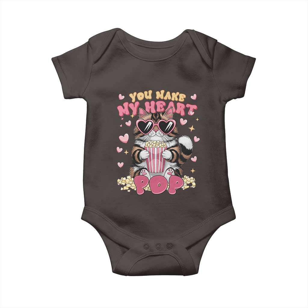 Funny Valentine's Day Baby Onesie You Make My Heart Pop Cute Cat Popcorn TS09 Dark Chocolate Print Your Wear