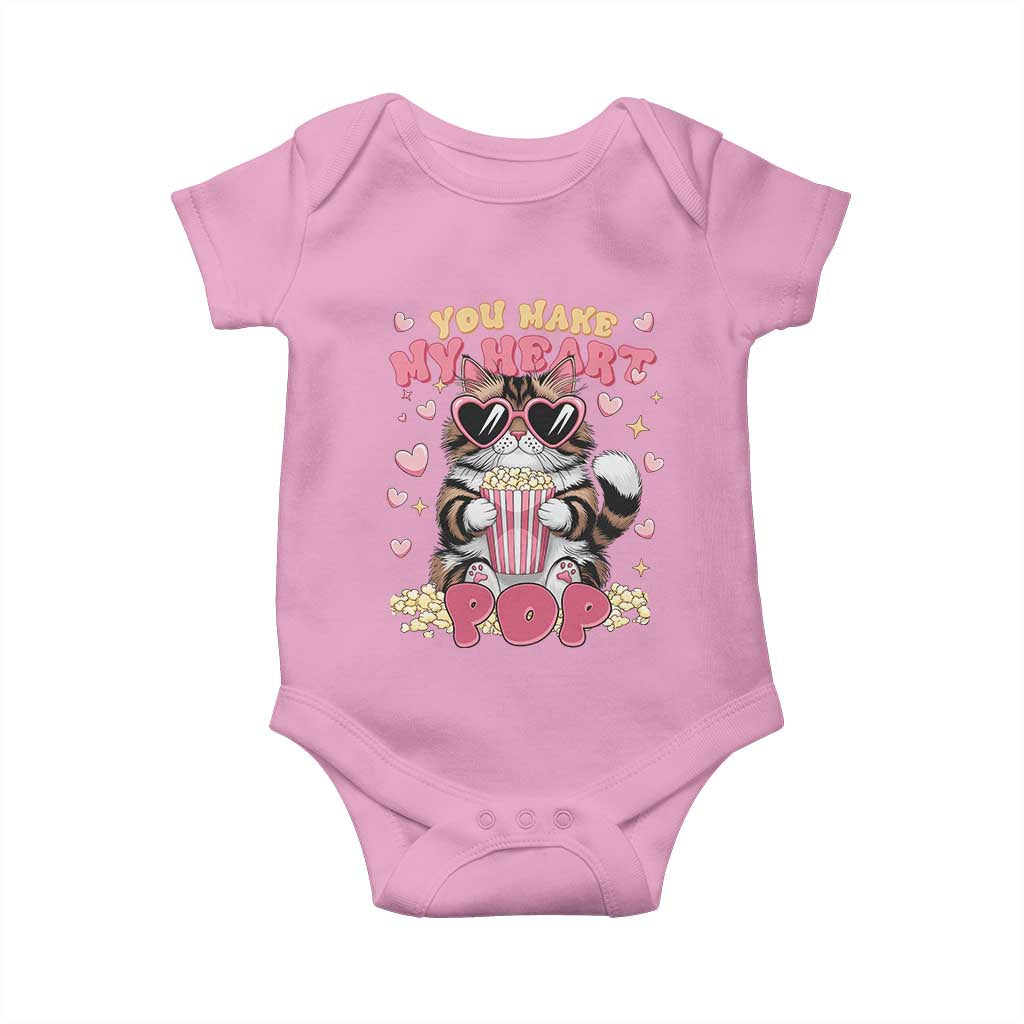 Funny Valentine's Day Baby Onesie You Make My Heart Pop Cute Cat Popcorn TS09 Light Pink Print Your Wear