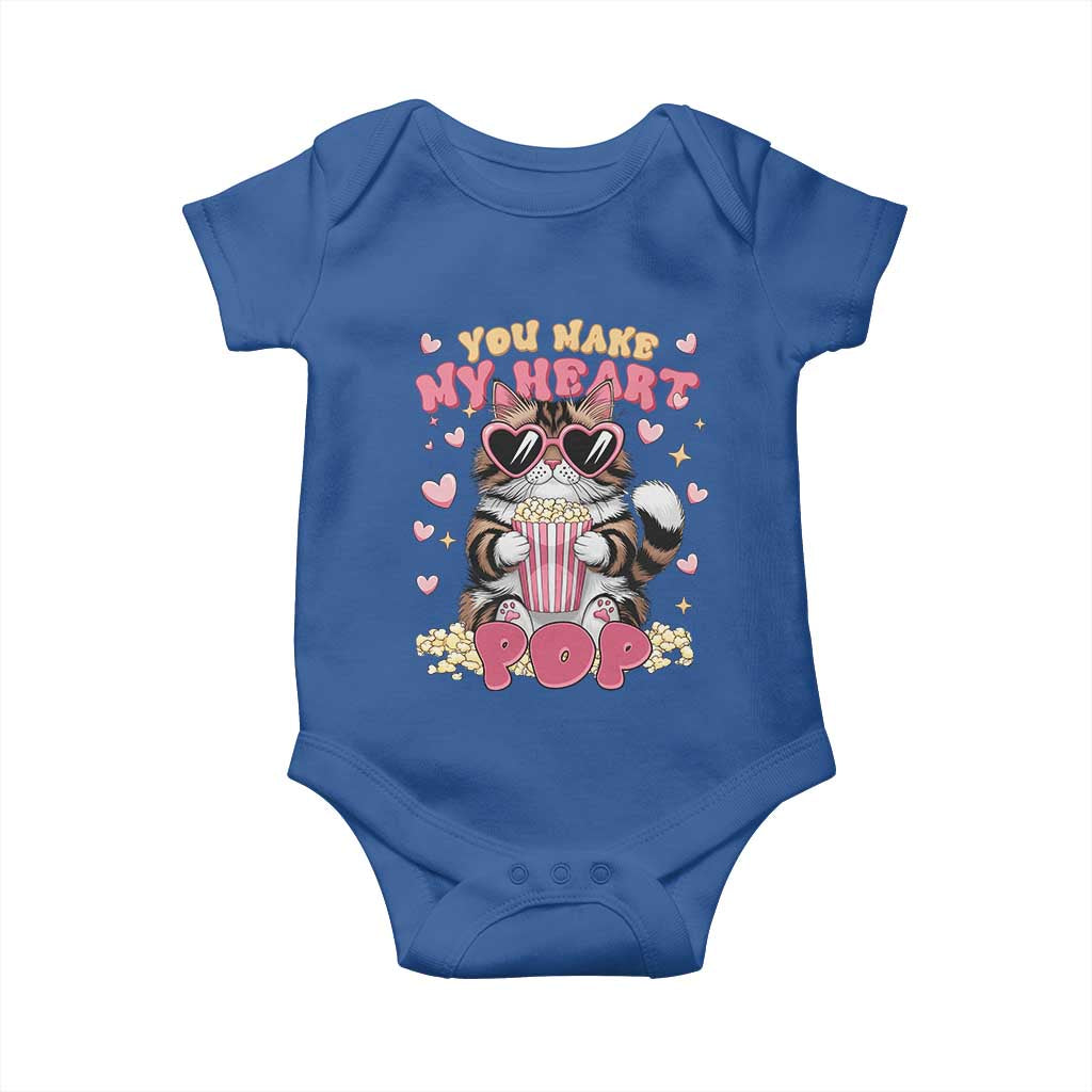 Funny Valentine's Day Baby Onesie You Make My Heart Pop Cute Cat Popcorn TS09 Royal Blue Print Your Wear