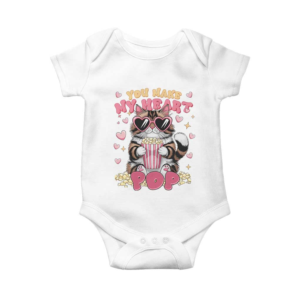 Funny Valentine's Day Baby Onesie You Make My Heart Pop Cute Cat Popcorn TS09 White Print Your Wear