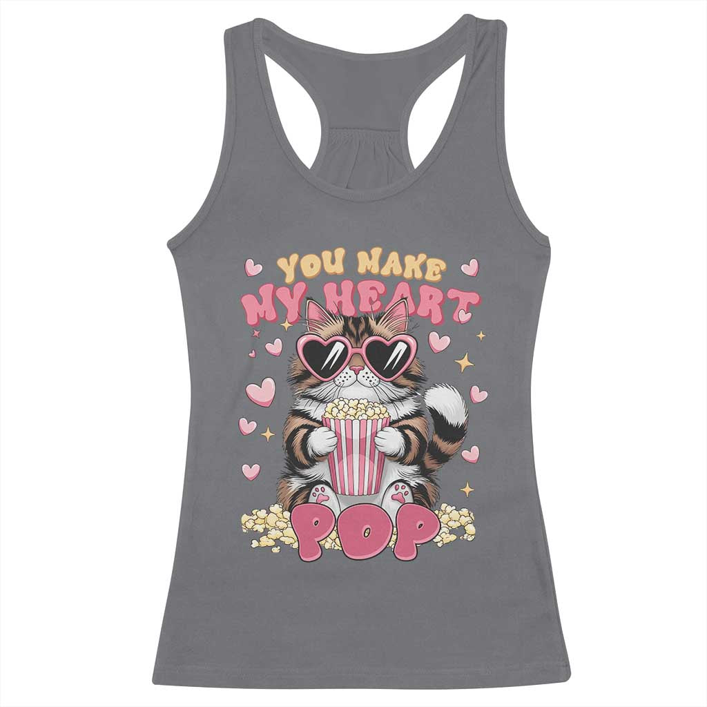 Funny Valentine's Day Racerback Tank Top You Make My Heart Pop Cute Cat Popcorn TS09 Charcoal Print Your Wear