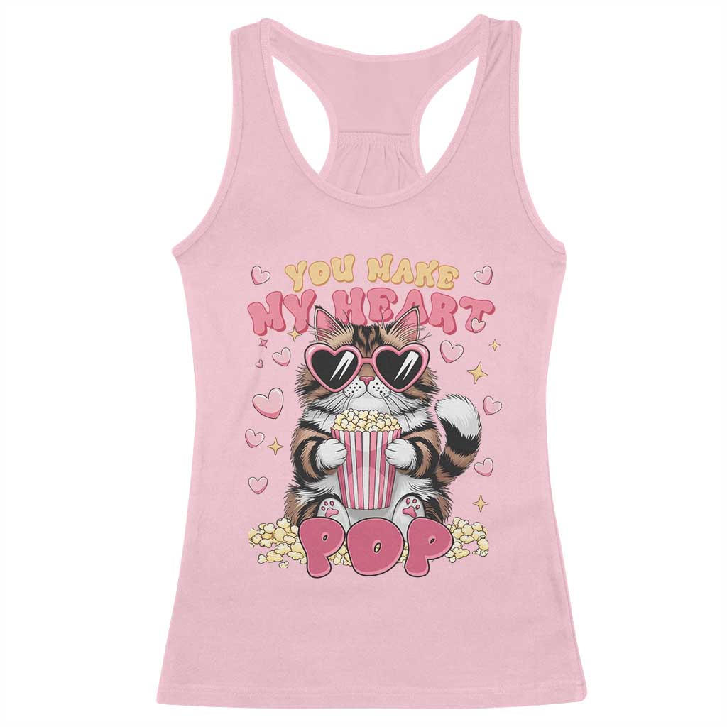 Funny Valentine's Day Racerback Tank Top You Make My Heart Pop Cute Cat Popcorn TS09 Light Pink Print Your Wear
