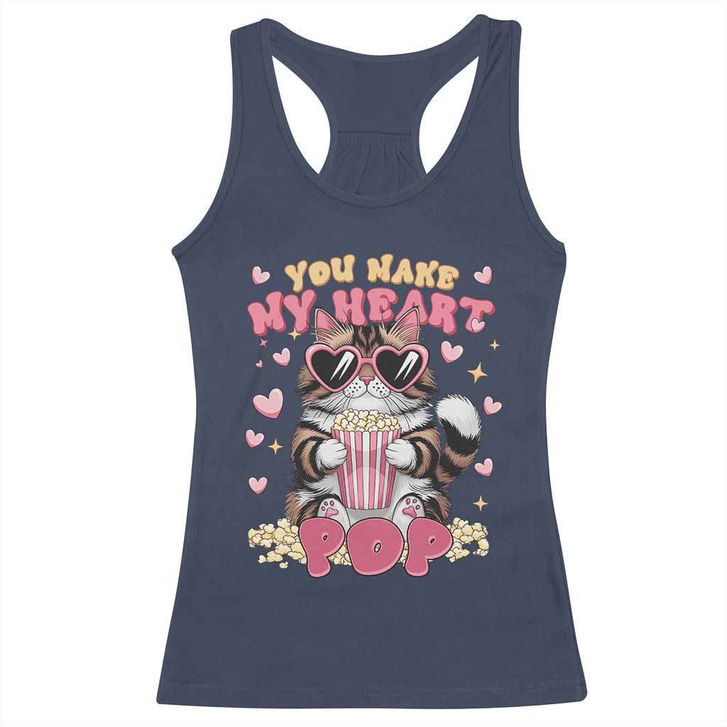 Funny Valentine's Day Racerback Tank Top You Make My Heart Pop Cute Cat Popcorn TS09 Navy Print Your Wear