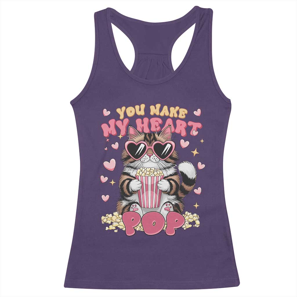 Funny Valentine's Day Racerback Tank Top You Make My Heart Pop Cute Cat Popcorn TS09 Purple Print Your Wear