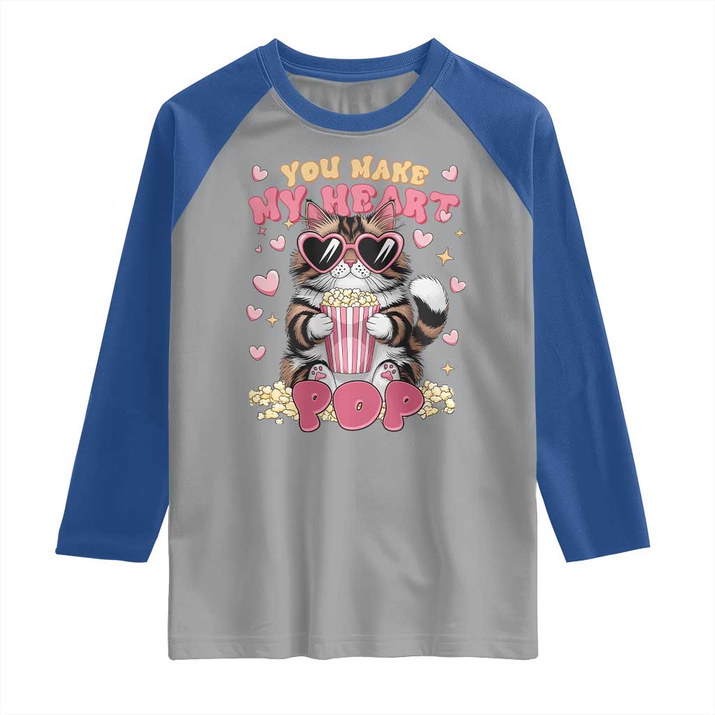 Funny Valentine's Day Raglan Shirt You Make My Heart Pop Cute Cat Popcorn TS09 Sport Gray Royal Print Your Wear