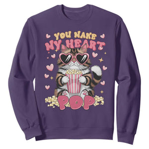 Funny Valentine's Day Sweatshirt You Make My Heart Pop Cute Cat Popcorn TS09 Purple Print Your Wear